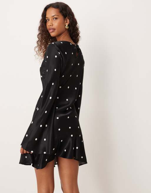 ASOS DESIGN flare sleeve satin mini dress in black-based polka dots