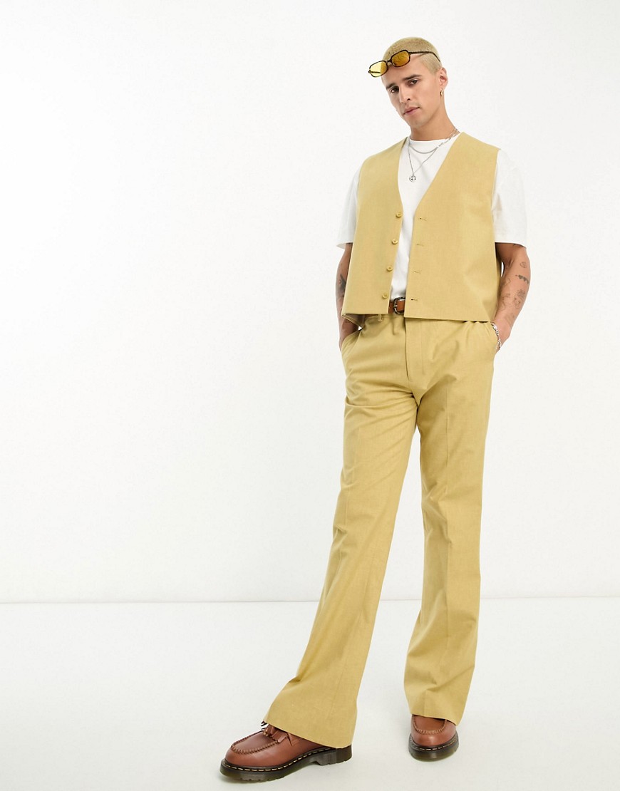 ASOS DESIGN flare suit trouser in slubby linen in beige-Neutral