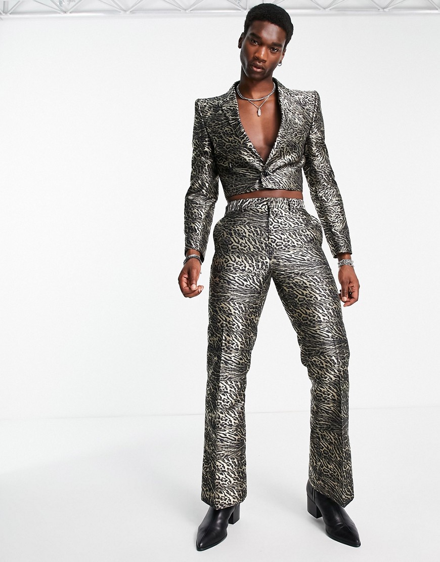 ASOS DESIGN flare suit trousers in leopard jacquard-Black