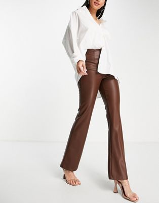 ASOS DESIGN flare trouser in faux leather in chocolate