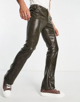 ASOS DESIGN flare trousers in leather look snake effect - BROWN