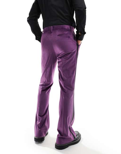 ASOS DESIGN flare tuxedo suit trouser in purple velvet, 2 of 5