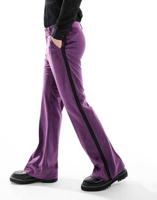ASOS DESIGN flare tuxedo suit trouser in purple velvet, 4 of 5