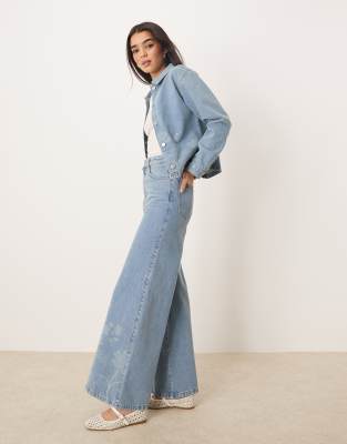 Asos Design Flared 70s Jeans With Wildflower Laser Design-blue In Blue