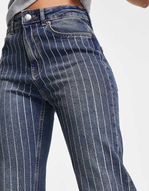 ASOS DESIGN flared jeans diamante pinstripe in blue | ASOS