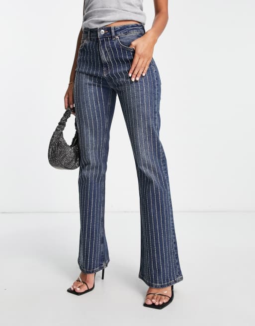 ASOS DESIGN flared jeans with diamante pinstripe in blue