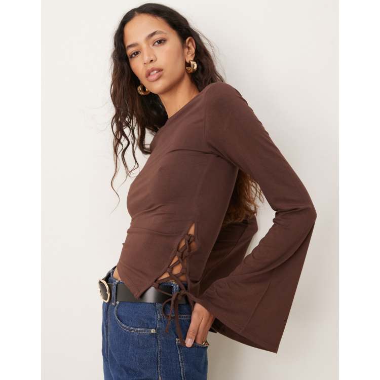 ASOS DESIGN flared long sleeve asymmetric top with side tie