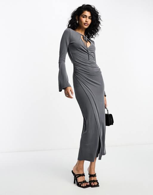 ASOS DESIGN flared long sleeve midi dress with wrap and tie neck detail in gray