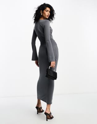 ASOS DESIGN flared long sleeve midi dress with wrap and tie neck detail in  gray | ASOS