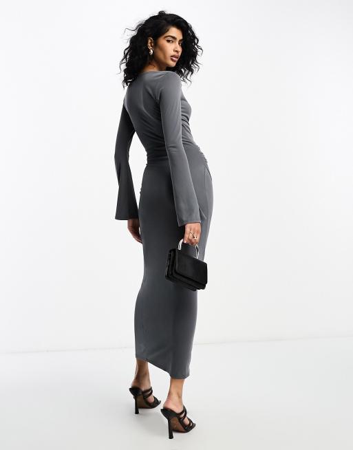 ASOS DESIGN flared long sleeve midi dress with wrap and tie neck detail in gray