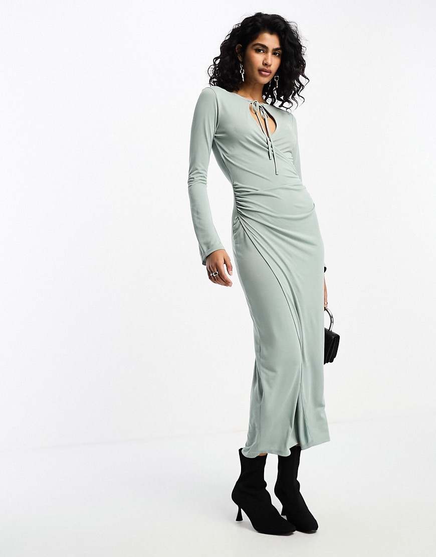 ASOS DESIGN flared long sleeve midi dress with wrap and tie neck detail in sage green
