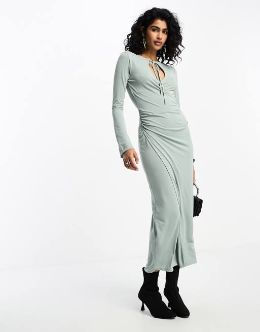 ASOS DESIGN flared long sleeve midi dress with wrap and tie neck detail in  sage green