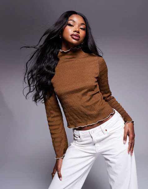 ASOS DESIGN flared long sleeve textured top with contrast lettuce hem in brown - view 1