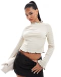 [ASOS DESIGN] ASOS DESIGN flared long sleeve textured top with contrast lettuce hem-Neutral XS Stone