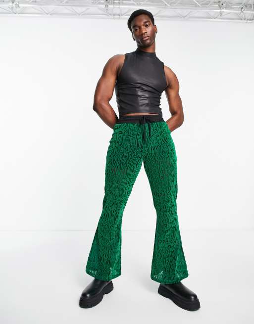 ASOS DESIGN flared pants in green velour burnout