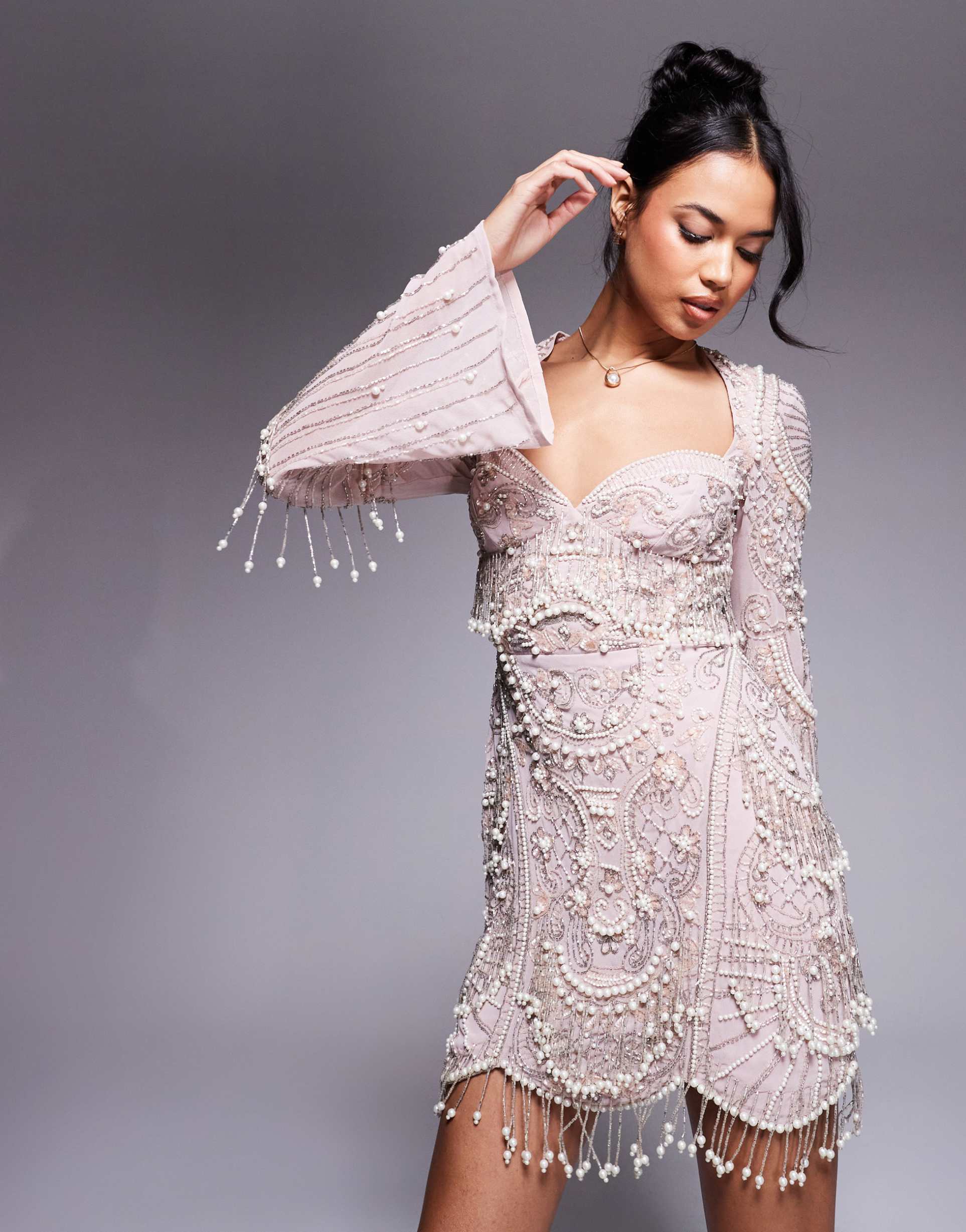 asos design flared sleeve embellished mini dress with scalloped edge in light pink