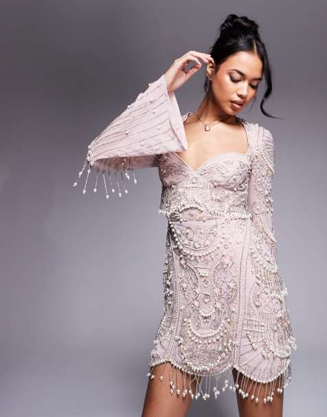 ASOS DESIGN flared sleeve embellished mini dress with scalloped edge in light pink