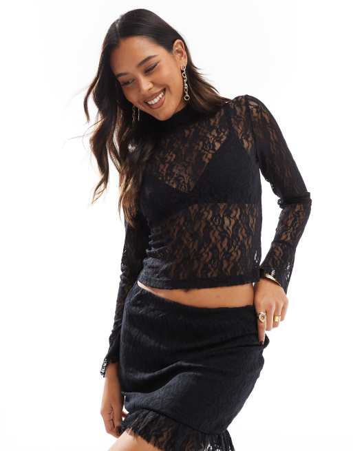 ASOS DESIGN flared sleeve lace top in black - part of a set