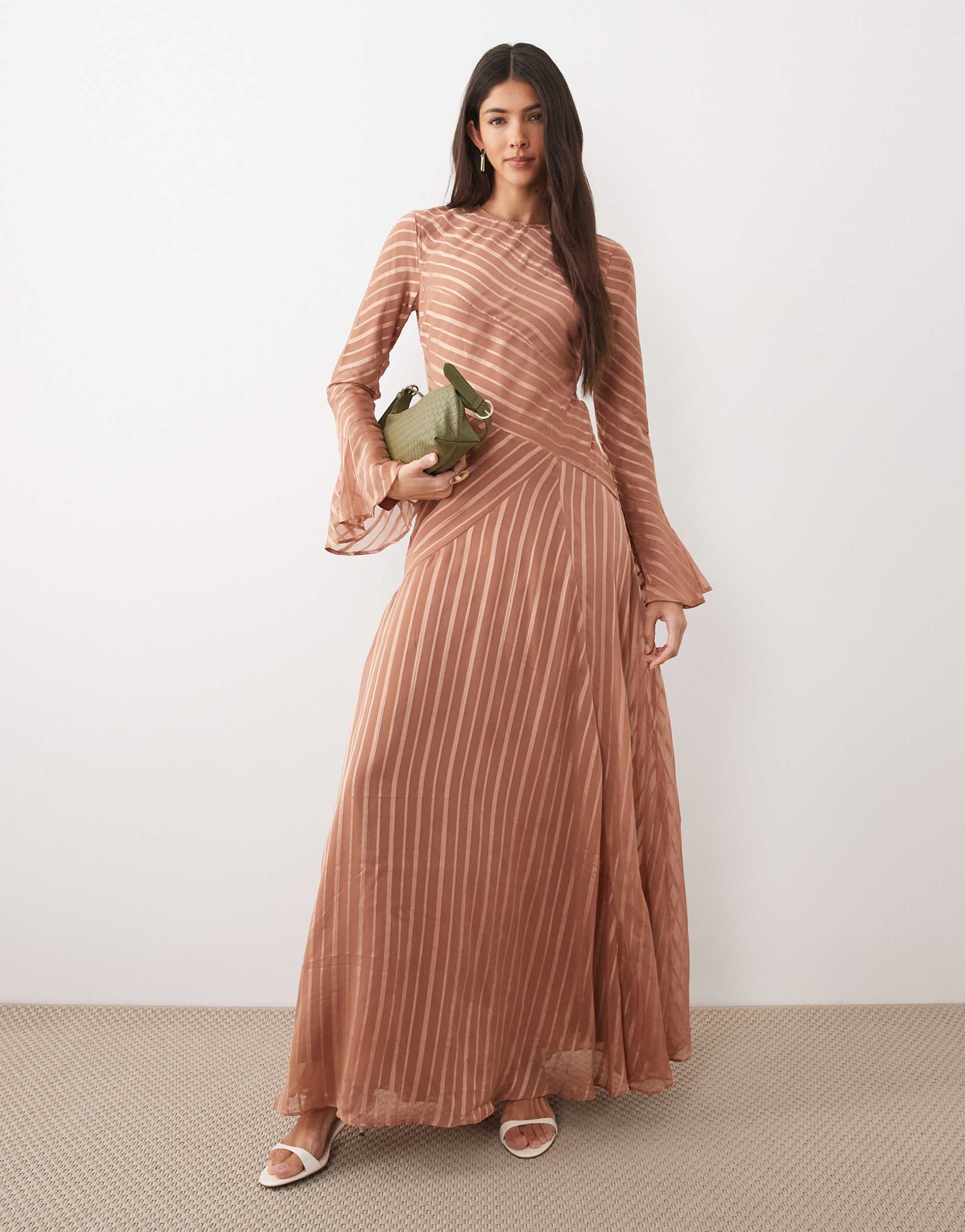 asos design flared sleeve maxi dress with hem in rust stripe
