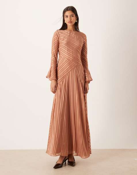 ASOS DESIGN flared sleeve maxi dress with hem in rust stripe - view 1