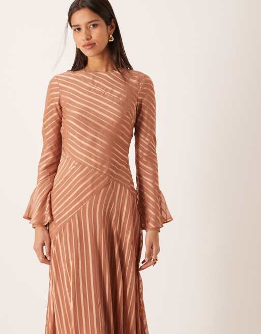 ASOS DESIGN flared sleeve maxi dress with hem in rust stripe | ASOS
