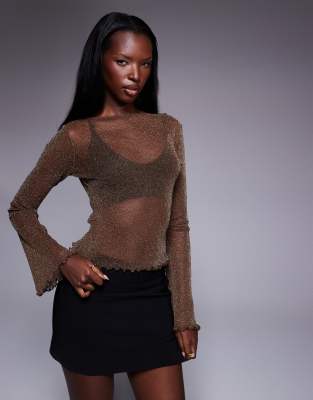 Asos Design Flared Sleeve Metallic Sheer Top With Slash Neck In Brown