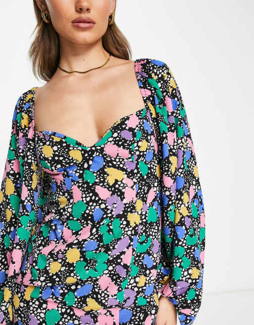 ASOS DESIGN flared sleeve mini tea dress in multi coloured splodge print ASOS