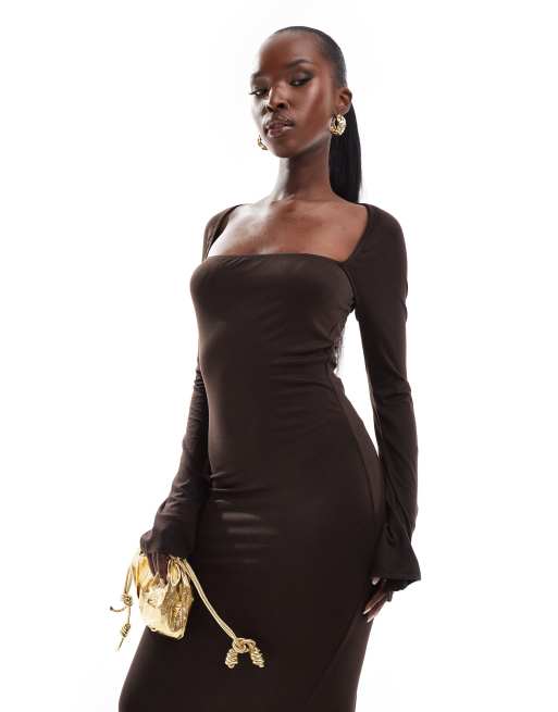 ASOS DESIGN flared sleeve shrug midi dress with cutout back in chocolate ASOS