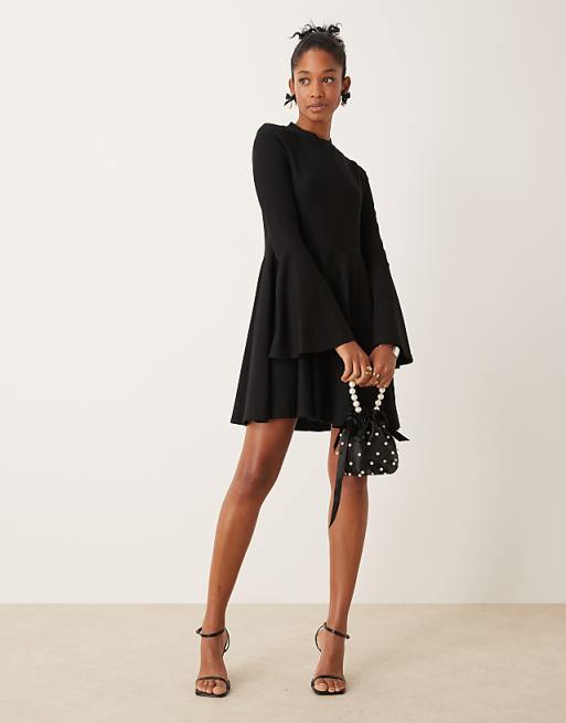 black mini flare dress Night Rider Fit And 23.6 Hips Satin Mini Dress With Pleated