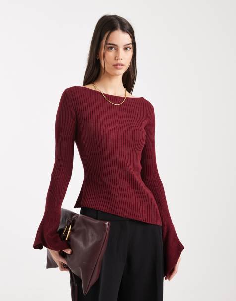 ASOS DESIGN flared sleeve structured top in burgundy - view 1