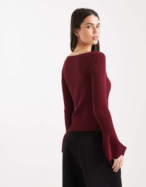 ASOS DESIGN flared sleeve structured top in burgundy, 4 of 4