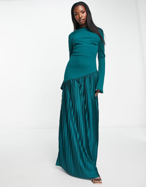 ASOS DESIGN flared sleeve tiered pleated maxi dress in dark green