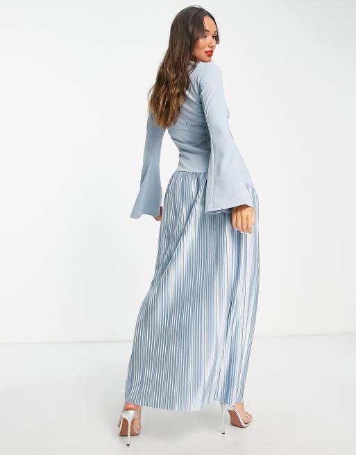 ASOS DESIGN flared sleeve tiered pleated maxi dress in dusky blue