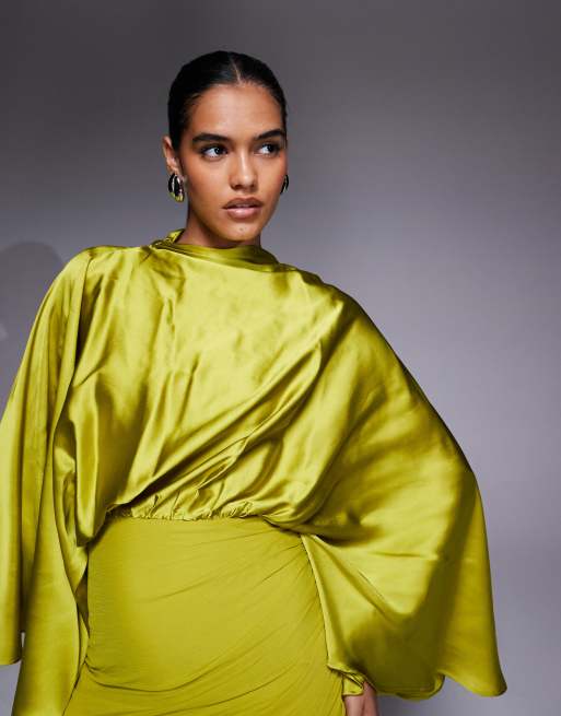 ASOS DESIGN flared sleeves satin and chiffon mix maxi dress with draped skirt in lime, 3 of 4