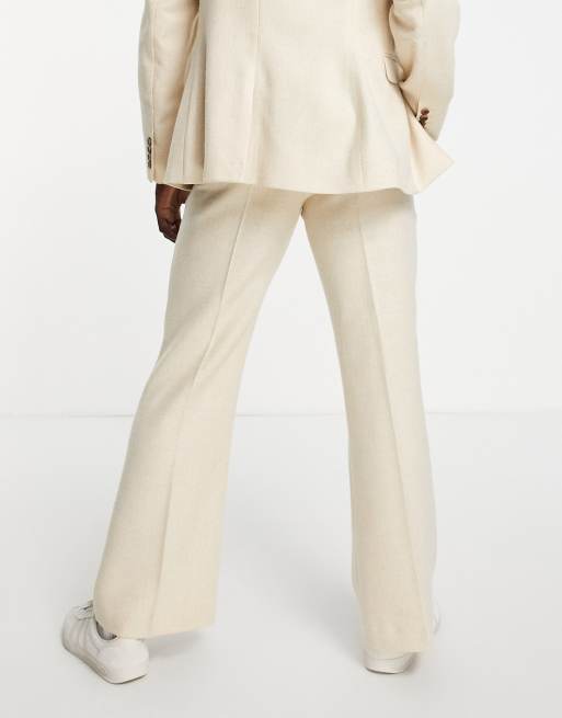 ASOS DESIGN flared suit pants in wool mix herringbone in stone, 3 of 4