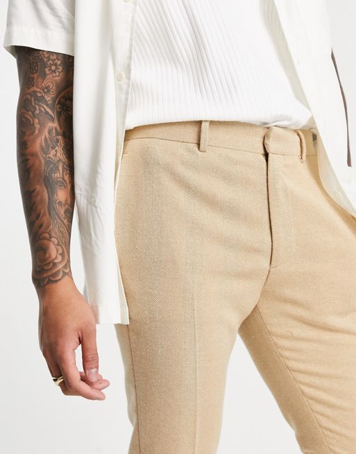 ASOS DESIGN smart wide leg wool mix pants in brown herringbone