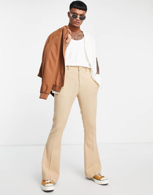 ASOS DESIGN flared wool mix herringbone smart trousers in stone | ASOS