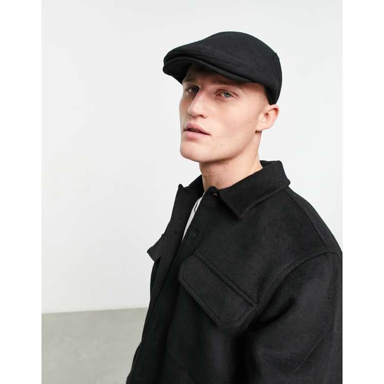 ASOS DESIGN flat cap in black melton