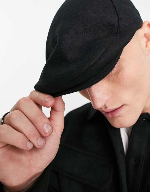 ASOS DESIGN flat cap in black melton