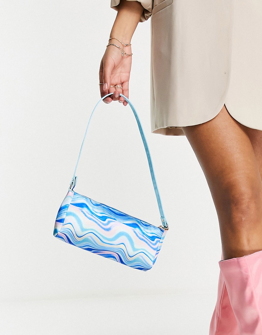 ASOS DESIGN flat elongated 90s shoulder bag in blue satin swirl print