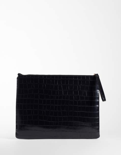 ASOS DESIGN flat portfolio clutch bag in black croc - view 1