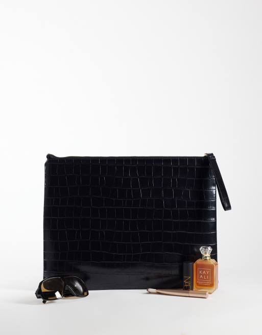 ASOS DESIGN flat portfolio clutch bag in black croc, 2 of 4