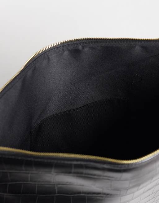 ASOS DESIGN flat portfolio clutch bag in black croc, 3 of 4