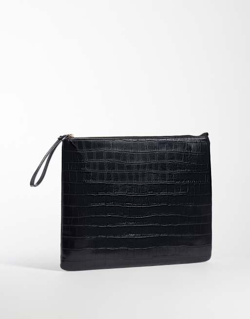 ASOS DESIGN flat portfolio clutch bag in black croc, 4 of 4
