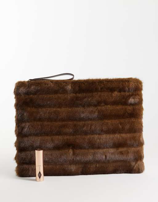 ASOS DESIGN flat portfolio clutch with pelted fur in chocolate, 2 of 4