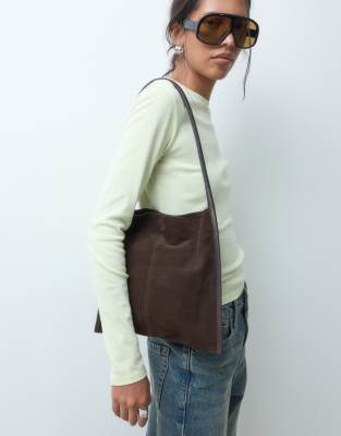 Asos Design Flat Suede Shoulder Bag In Brown