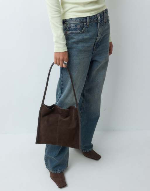 ASOS DESIGN flat suede shoulder bag in chocolate, 3 of 5