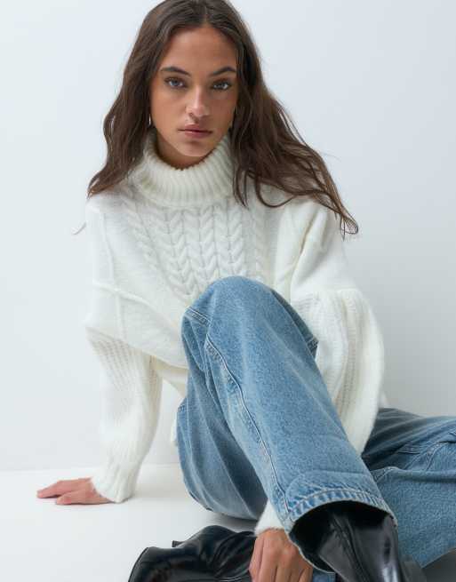 ASOS DESIGN flätstickad oversize-tröja med ståkrage i creme, 2 av 5