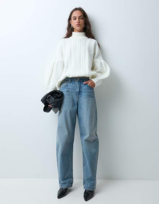 ASOS DESIGN flätstickad oversize-tröja med ståkrage i creme, 3 av 5