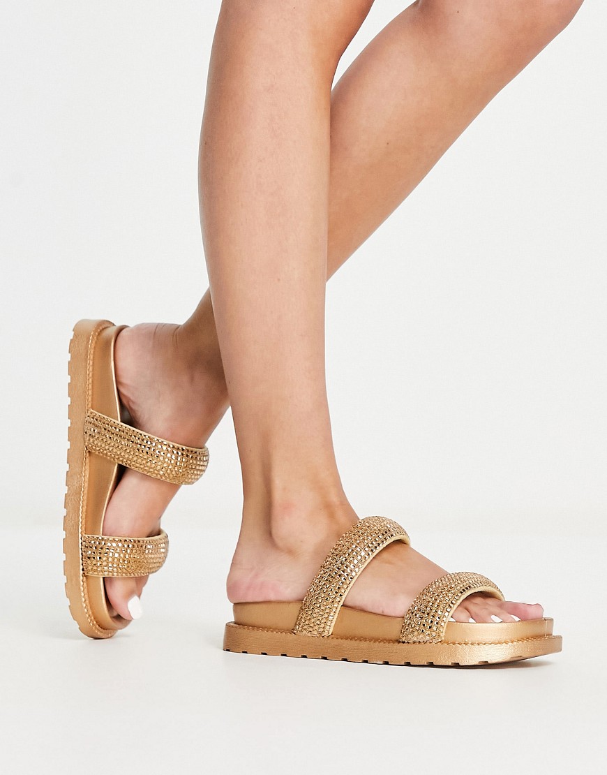 Asos Design Flatter Embellished Footbed Flat Sandals In Gold